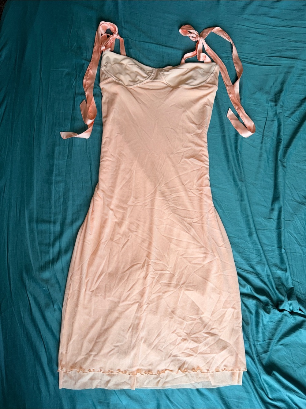 Ribbon Tie-Strap Maxi Slip Dress in Blush Pink